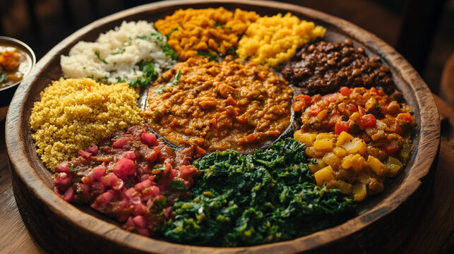 Ethiopian injera platter with various stews and lentils, vibrant colors on a large flatbread