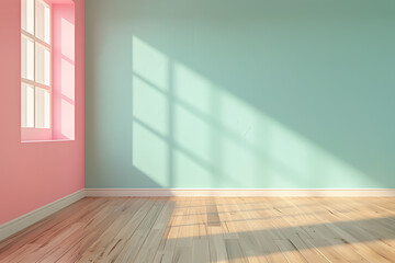 A minimalist room with a pink and teal wall and wooden floors. The sunlight streams through a window, casting soft shadows on the floor. This is a blank canvas ready for furniture and decor.