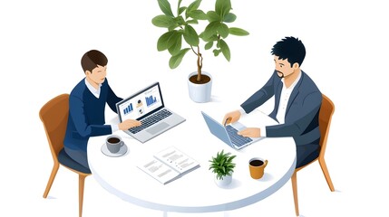 Isometric of a business team collaborating to analyze web based reports and conduct data research for financial forecasting and strategic planning