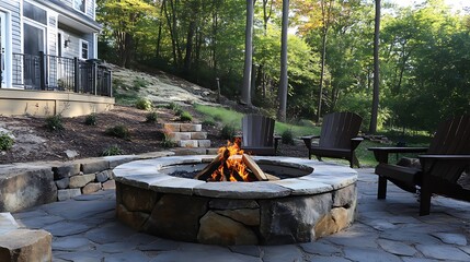 A fire pit with chairs and surrounded by an outdoor area featuring decorative stone walls