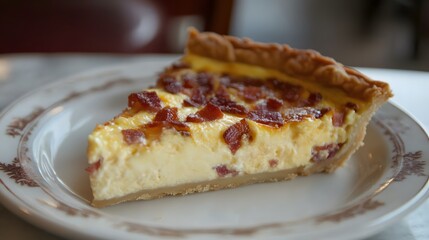 A slice of quiche Lorraine, with eggs, cream, bacon, and cheese baked into a buttery crust.



