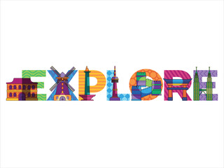Explore font exploration traveling around the world landmarks places colorful alphabet modern concept design icon set