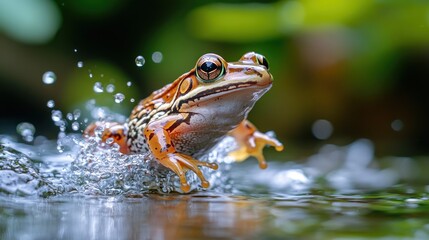Fototapeta premium A frog leaping through water, creating splashes in a natural setting.