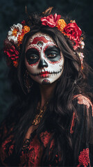 Girl in Day of the Dead makeup with her whole body in the frame on a black screen background