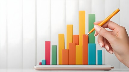 Close up of a Woman s Hand Holding a Pen Drawing on a Tablet Screen Full of Animated Graphs and Analytical Charts for Business Finance and Data Visualization Concepts