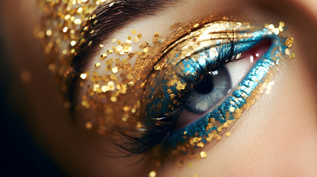 Close up of fashion woman model eyes with spinkle and glitter makeup background copy space for text, Generative Ai 
