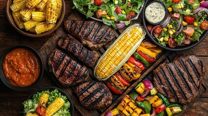 Fototapeta premium Grilled steaks and vegetables with salads and sides on a wooden table.