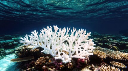 Obraz premium Coral reef underwater with vibrant marine life, clear blue water, and sunlight filtering.