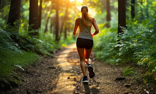 Woman jogging on a forest path during sunset.