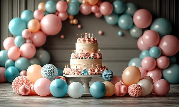 A beautifully decorated cake surrounded by colorful balloons.
