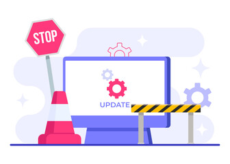 Computer with software update screen flat vector illustration, System maintenance, update process, install software, operating system