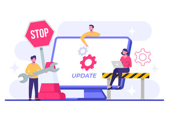 Computer with software update screen flat vector illustration, System maintenance, update process, install software, operating system