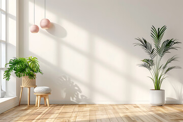 A minimalist living room with soft natural light streaming through the window. Two pink pendant lights hang from the ceiling, casting warm shadows on the white walls.  A large leafy plant and a small 