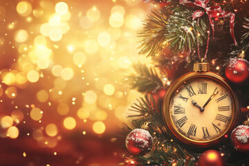 Clock on Christmas tree with snow, a festive scene.