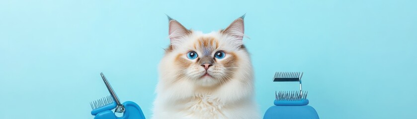 A cute fluffy cat sitting next to grooming tools on a blue background, showcasing a playful and caring pet environment.