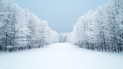 Fototapeta premium Serene snow-covered forest, trees standing still in a deep winter silence, calming blue twilight Winter wonderland, stillness