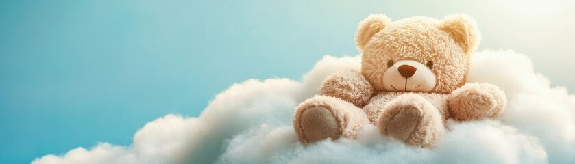 Fototapeta premium A cute teddy bear resting peacefully on soft clouds, creating a whimsical and serene atmosphere for children's dreams.