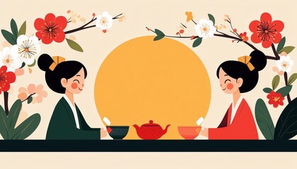 Two women enjoying tea together, surrounded by beautiful flowers and a large sun, creating a warm, welcoming atmosphere.