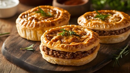 An Australian meat pie, with flaky pastry filled with seasoned ground beef.


