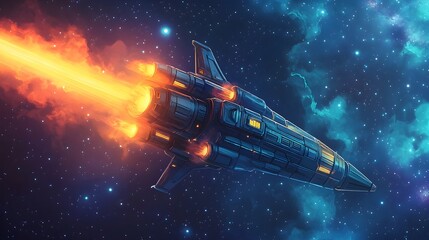 Obraz premium Futuristic Spaceship Blasting Through the Cosmos with a Fiery Propulsion System