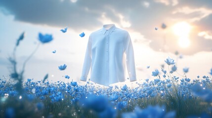 3D Model Mockup Template Ethereal White Shirt in a Field of Blue Flowers