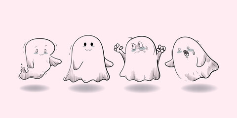 Set of Halloween cute ghosts cartoon character icon vector illustration.