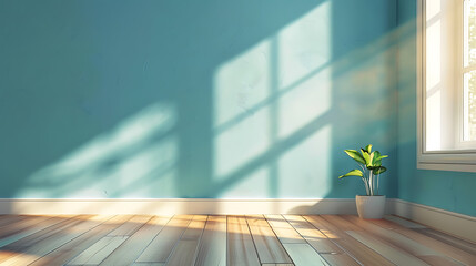 Fototapeta premium Sunlight streams through a window, casting shadows on a light blue wall. A single potted plant sits in the corner of the room.