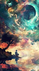 Dreamy Cosmic Landscape with a Silhouette of a Person