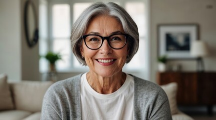 Smiling middle aged mature gray haired woman looking at camera, happy old lady in glasses posing at home indoor, positive single senior retired female sitting on sofa in living room headshot portrait