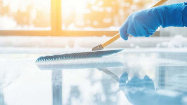 A person cleaning ice with a squeegee, showcasing winter maintenance techniques in a bright environment.