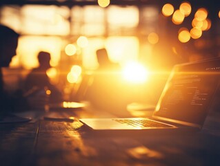 Sunset Glow Over a Laptop in a Modern Workspace with Silhouetted Figures and Warm Light