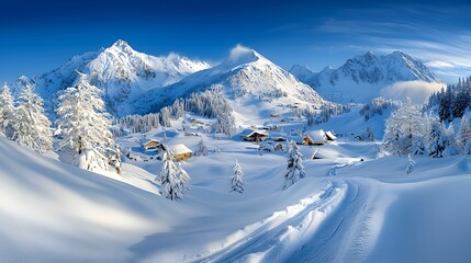 Captivating Snowy Mountain Landscape with Towering Pine Trees Blanketed in Winter s Embrace  Majestic peaks rise against a crisp ethereal backdrop creating a serene and scene