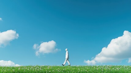 Fototapeta premium A person walking on a green hill under a clear blue sky with fluffy clouds, symbolizing tranquility and freedom.