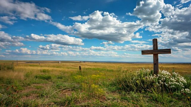 Serene rural landscape with wooden cross in grassy field under bright blue sky, adorned with fluffy clouds, evokes tranquility and deep connection to nature and flowers.