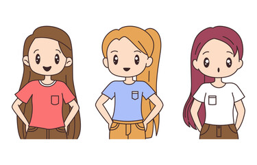 Collection of Cute Beautiful Long Haired Girl Cartoon Character Pose