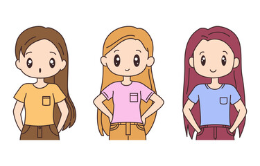 Collection of Cute Beautiful Long Haired Girl Cartoon Character Pose