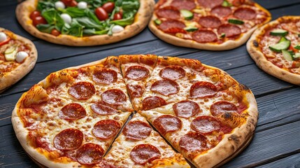 Delicious variety of pizzas on a wooden table, showcasing fresh ingredients.