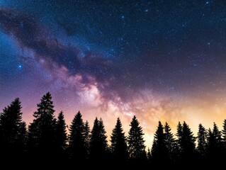 Naklejka premium A stunning night sky filled with stars and vibrant colors, framed by silhouette of tall pine trees in a tranquil setting.