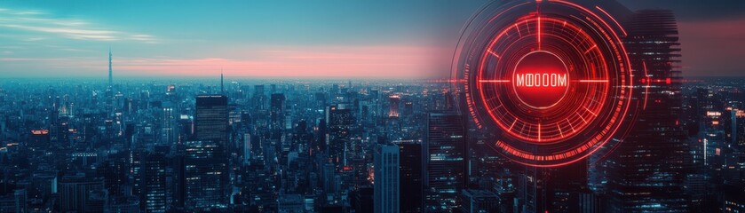 Obraz premium A stunning view of a futuristic city skyline illuminated by a neon-red target symbol, showcasing urban architecture at twilight.