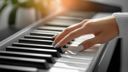Fototapeta premium a woman's hand playing the piano keys in a bright living room. 