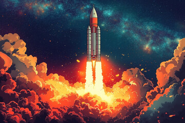 a rocket launch in Pop Art style, focusing on the rocket as it bursts through fiery clouds. bold and exaggerated, with sharp, comic-like lines and vibrant colors typical of Pop Art. 