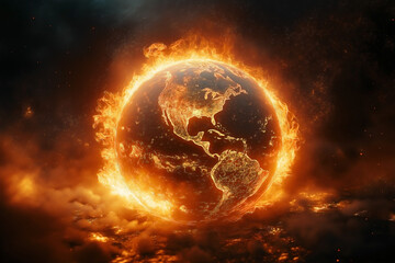 Earth engulfed in flames, symbolizing the intense effects of global warming and climate change. 