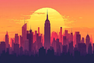 Obraz premium A vibrant sunset silhouette of a city skyline with iconic skyscrapers.