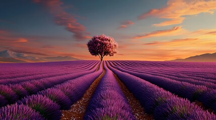 Obraz premium Ethereal lavender fields stretching towards a minimalist paper horizon creating a serene and calming layered landscape with a dreamy atmospheric feel