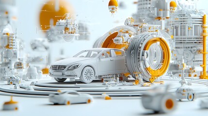 Innovative conceptual image of a layered paper car manufacturing plant with a conveyor belt showcasing an abstract and minimalist representation of the industrial production process