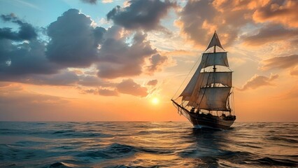 Fototapeta premium A sailboat glides across the ocean, silhouetted against a vibrant sunset sky.