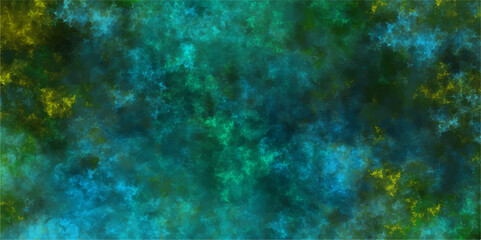 Abstract sea green watercolor hand painted watercolor. Grunge marbled pattern and rough paint brush strokes in yellow powder explosion, isolated on dark cosmic powder Scattered Copy Space messy.