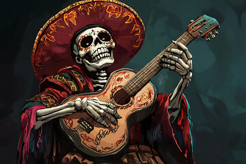 A skeleton in a sombrero playing a guitar, celebrating Mexican culture.
