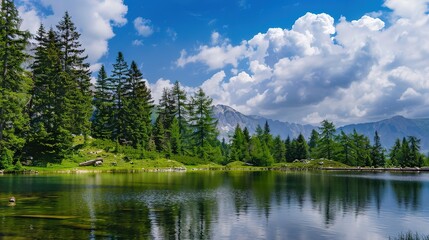 Fototapeta premium Beautiful and clear natural scenery - a captivating view of nature's wonders. This idyllic scene showcases the splendor of clear skies, lush landscapes, and serene waters, inviting you to immerse your