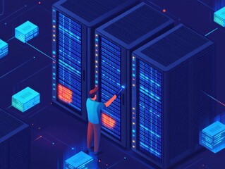 An abstract illustration of a technician accessing data servers in a modern digital data center environment. High-tech visual elements.